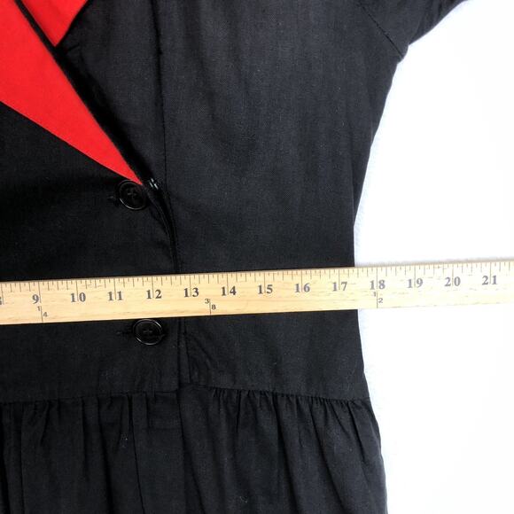 VTG NAYA 1980s Drop Waist Midi Dress Sz S Black Red 100% Cotton Button Pockets - Picture 8 of 12